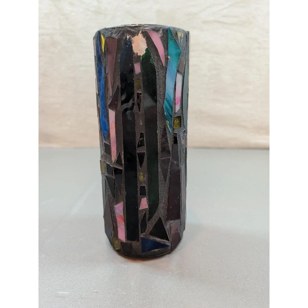 Designs by Annie Vintage Mosaic Glass Vase Handmade Multicolor Cylinder 9 inch